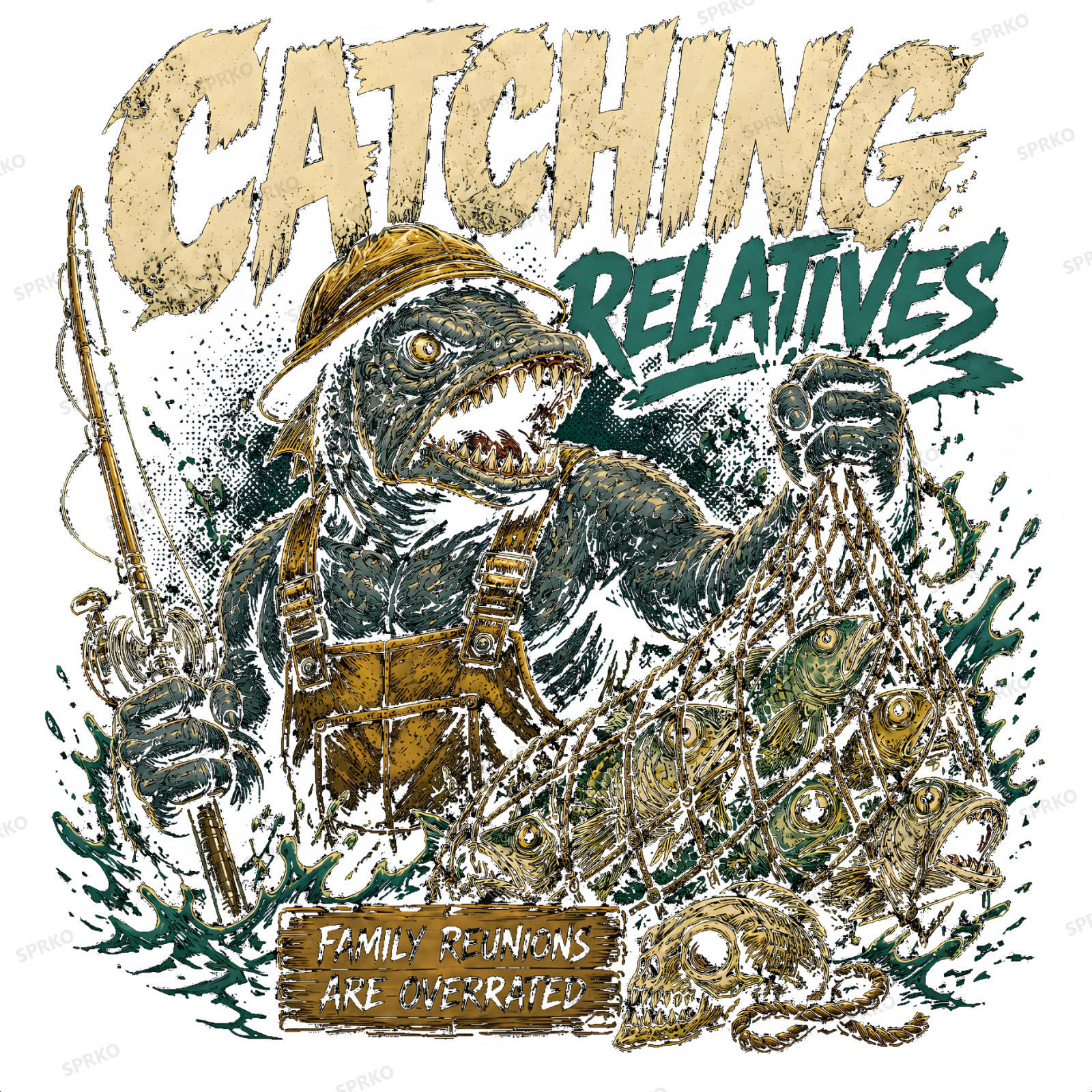 Catching Relatives Funny Fishing Monster Design design preview wrapped on a mug