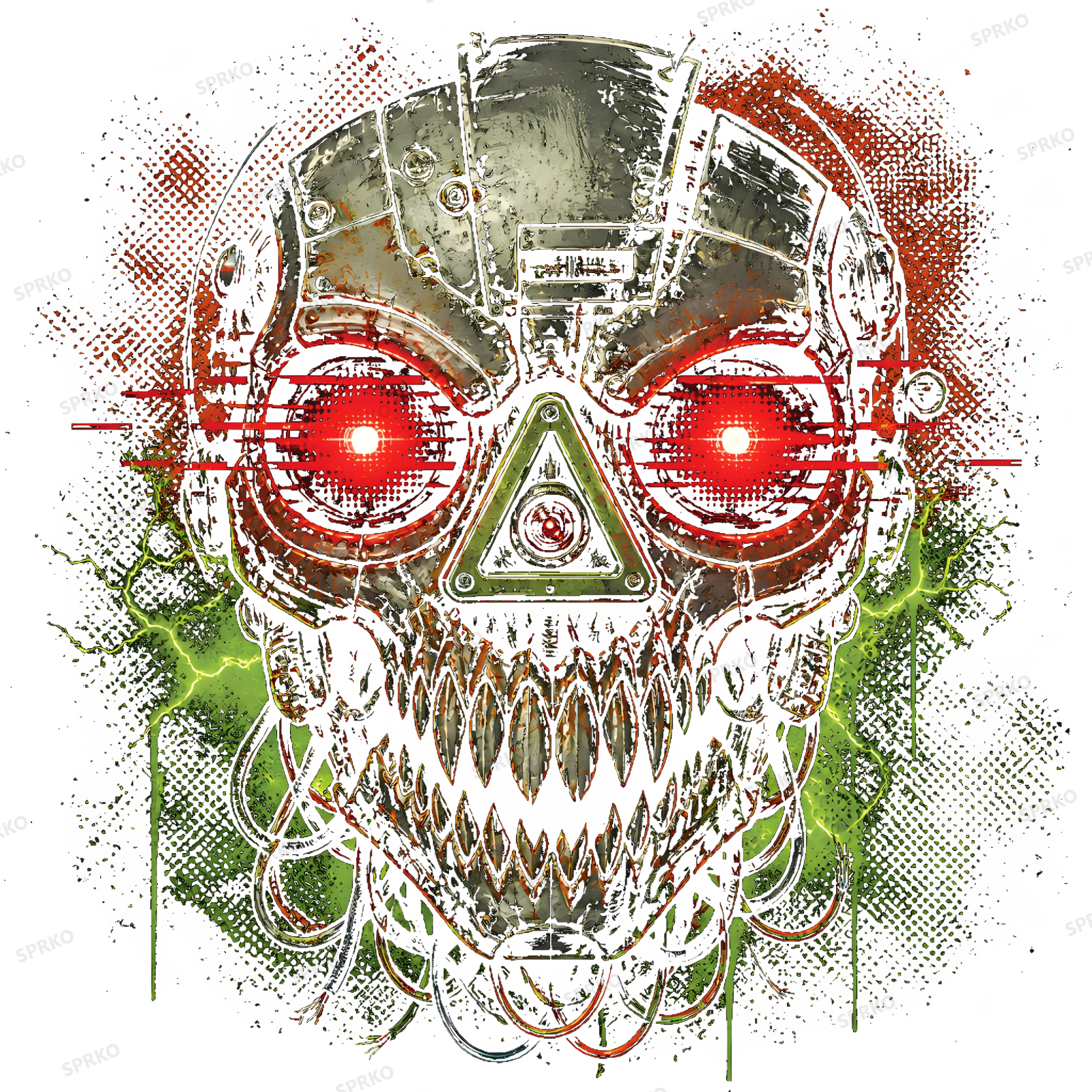 Cybernetic Skull with Red Eyes and Green Lightning design preview wrapped on a mug
