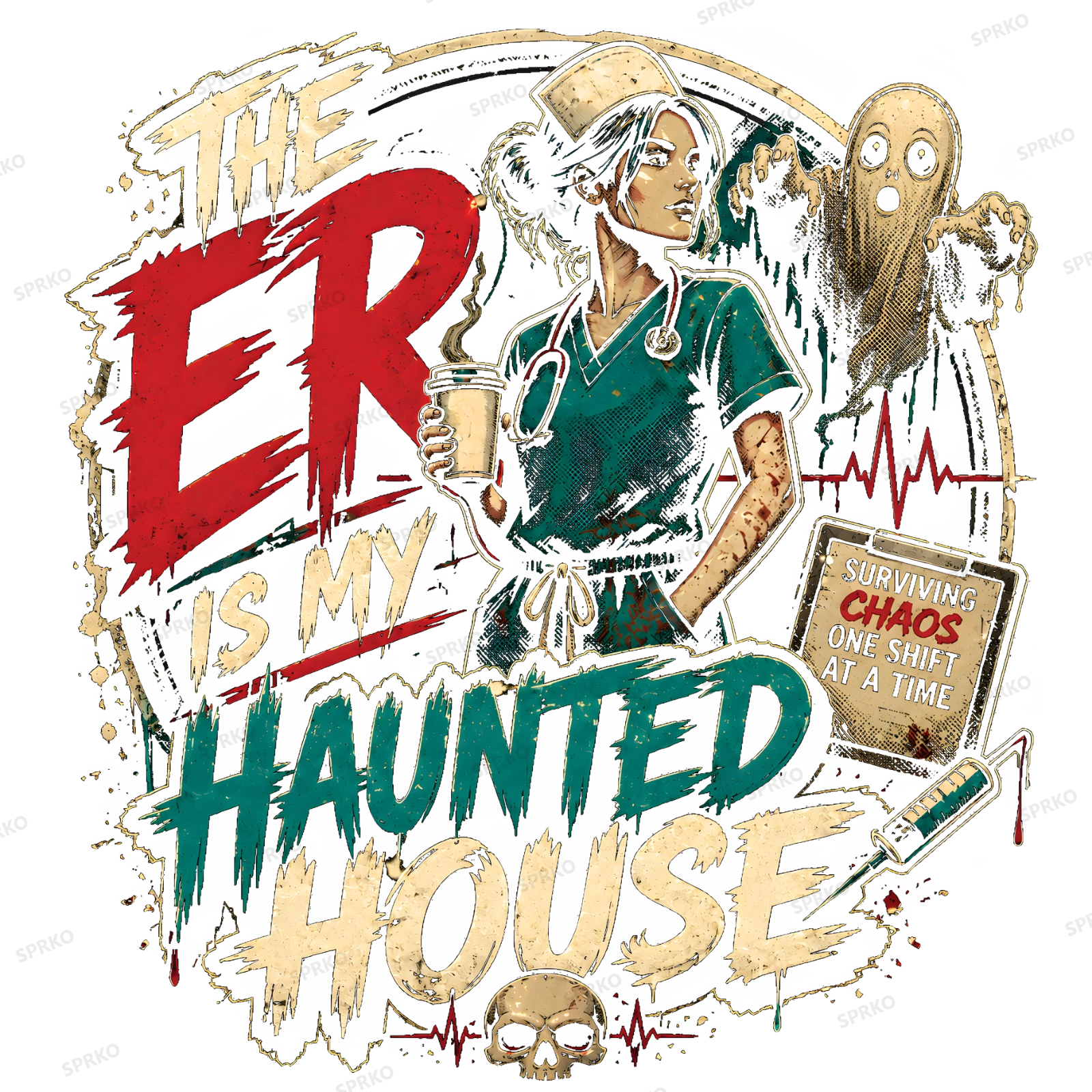 The ER Is My Haunted House Nurse Humor Design design preview wrapped on a mug