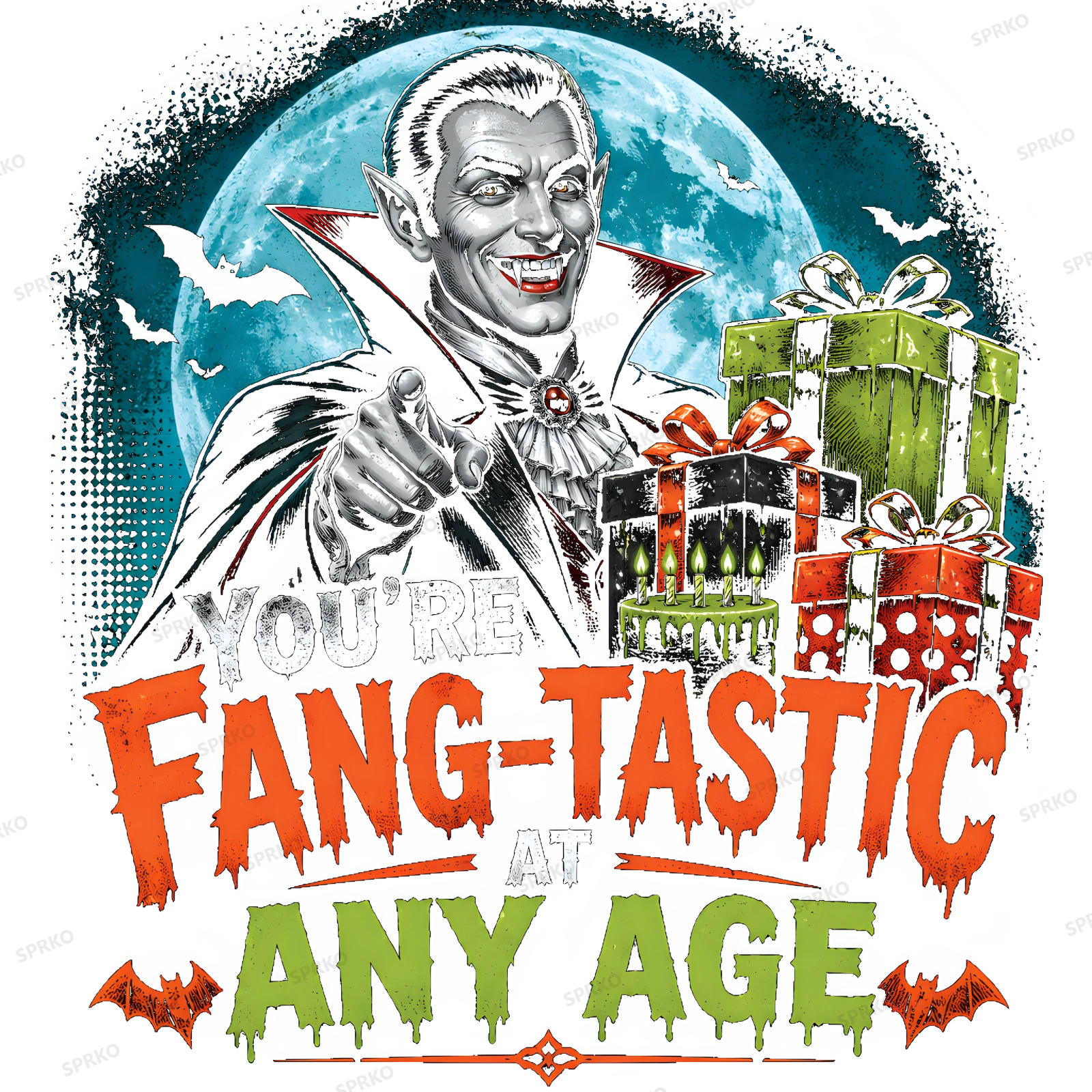 You're Fang-Tastic At Any Age Vampire Birthday Pun design preview wrapped on a mug