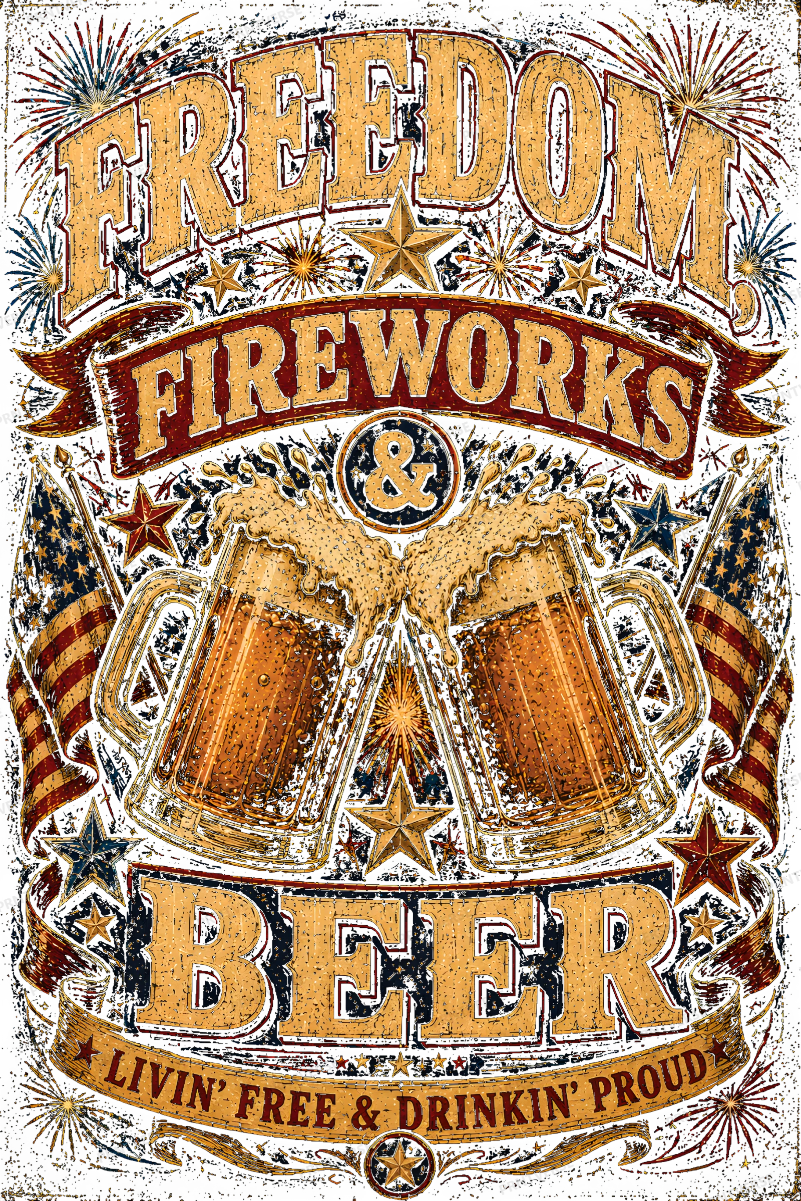 Freedom Fireworks & Beer Vintage Americana Art design preview wrapped on a mug