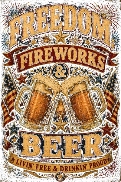 Freedom Fireworks & Beer Vintage Americana Art