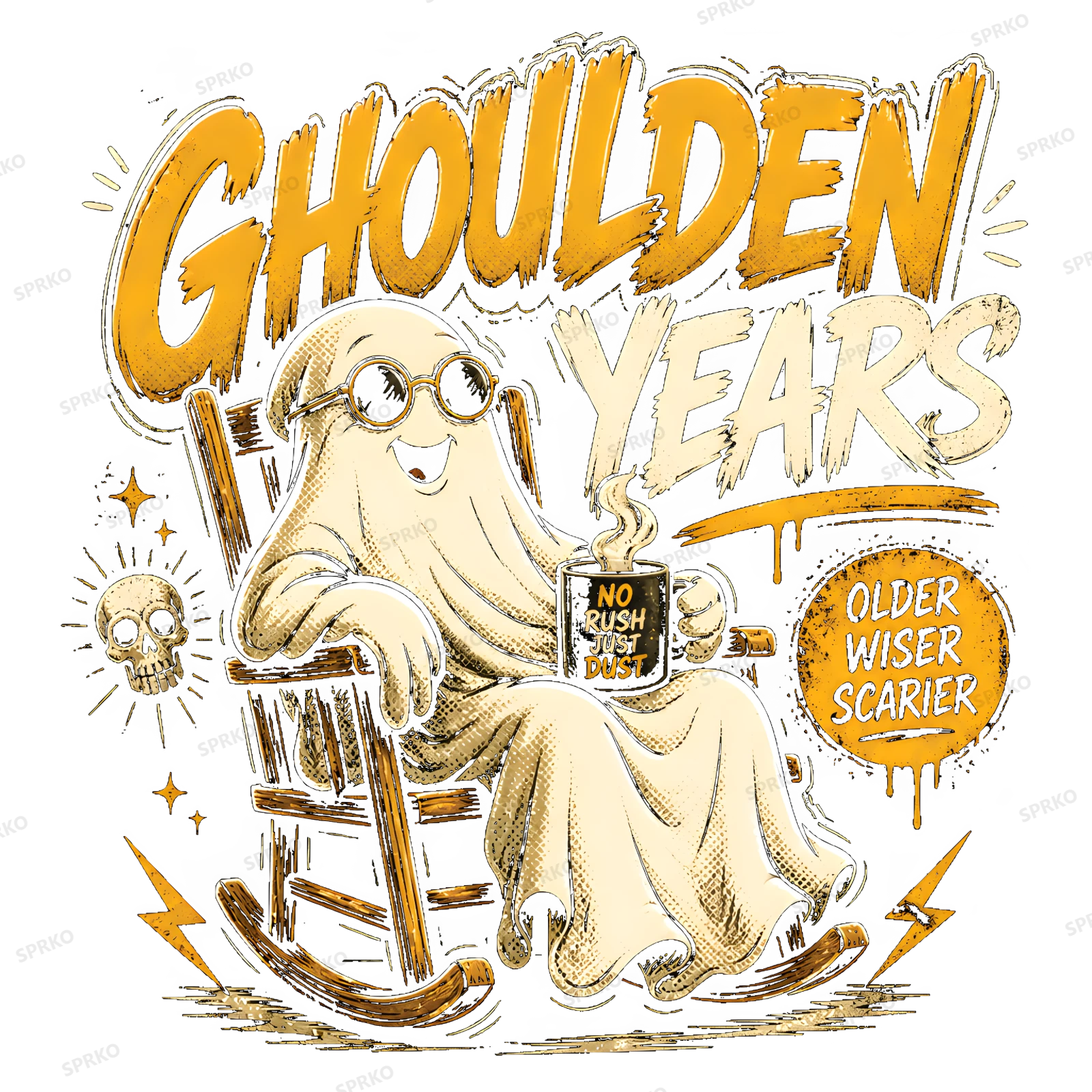 Ghoulden Years Ghost Halloween Pun design preview wrapped on a mug