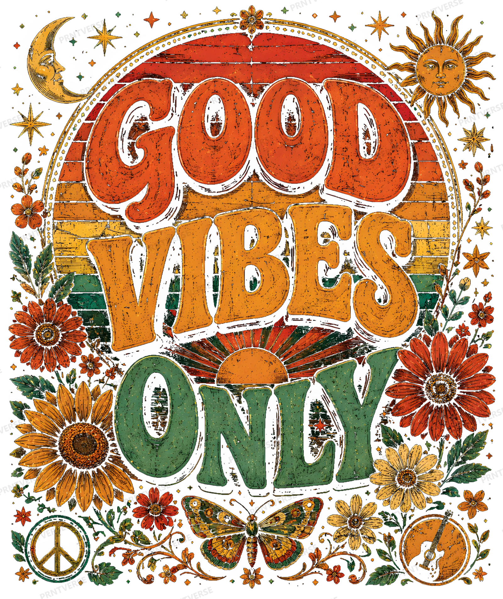 Good Vibes Only Retro Celestial Floral Art design preview wrapped on a mug