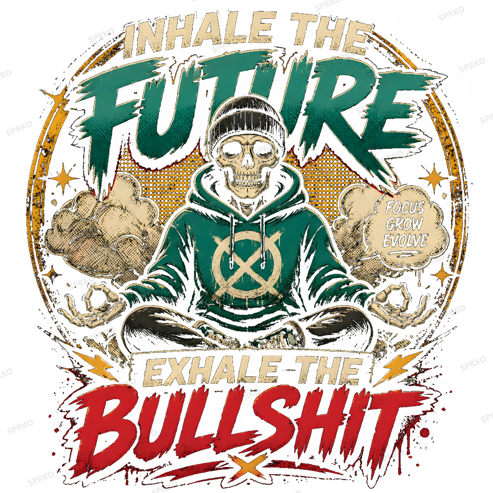 Inhale the Future Exhale the Bullshit Meditating Skeleton design preview wrapped on a mug
