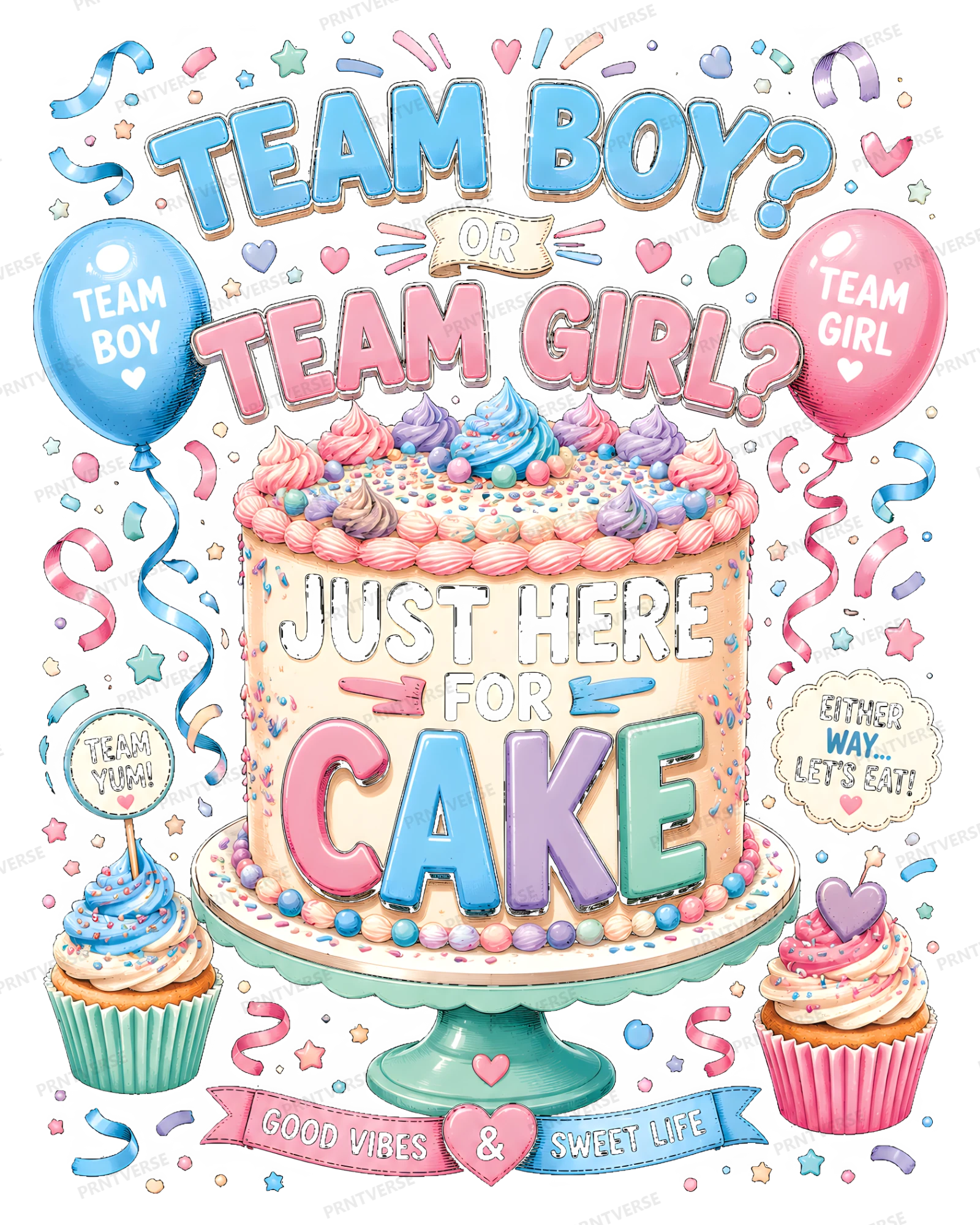 Just Here For Cake Gender Reveal Humor design preview wrapped on a mug