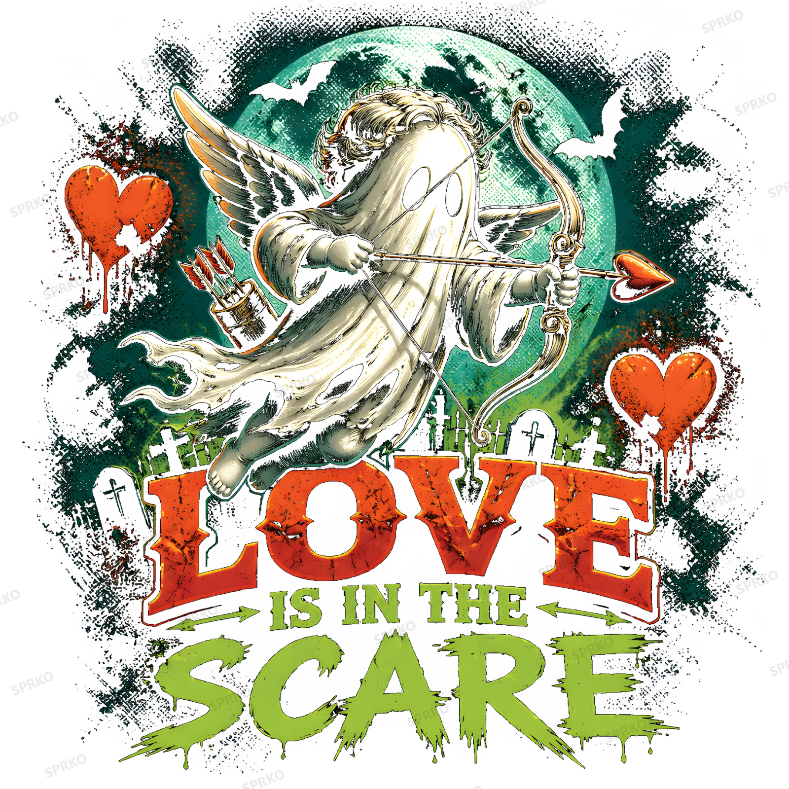 Love Is In The Scare Ghost Cupid Halloween Pun Design design preview wrapped on a mug