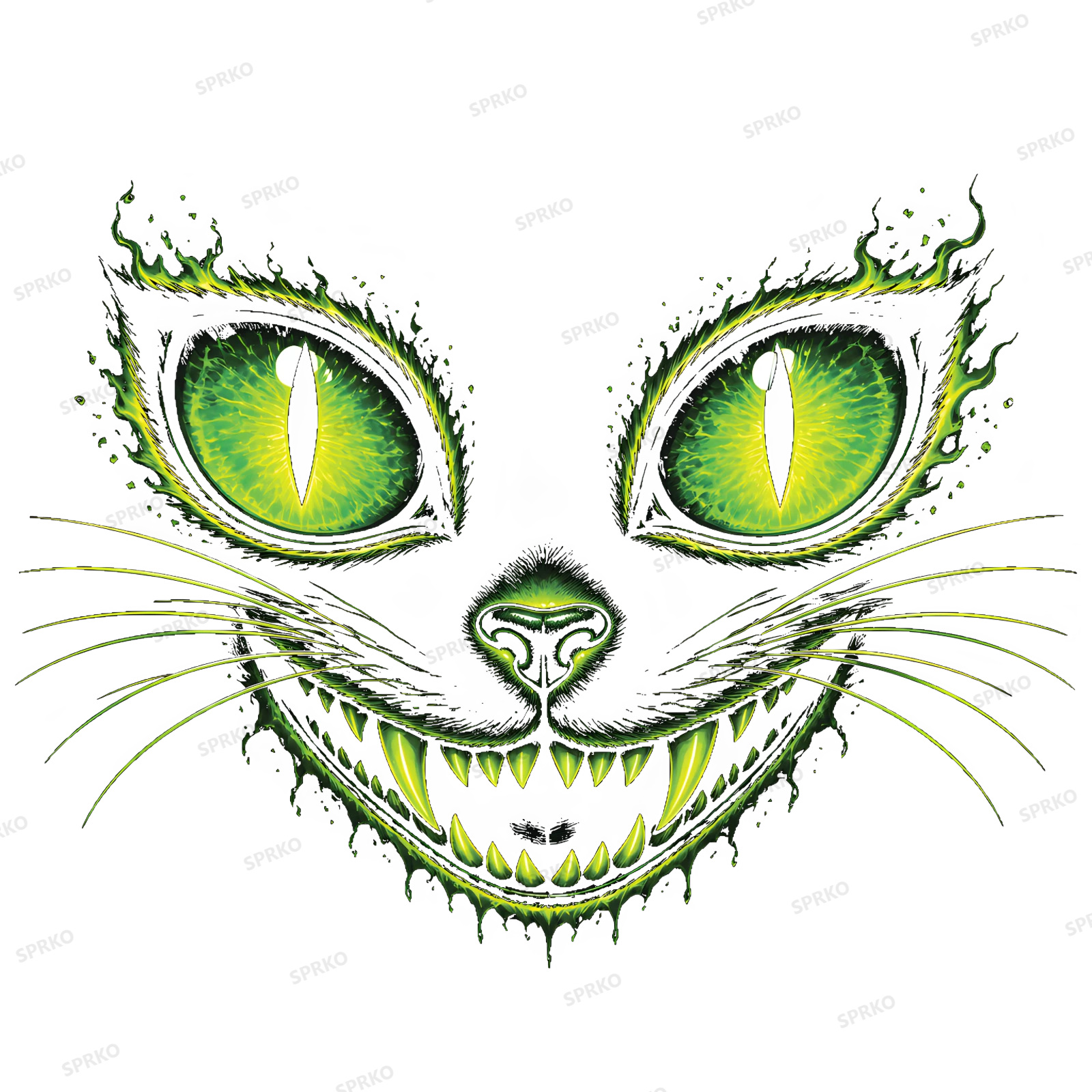 Neon Green Cheshire Cat Grin with Glowing Eyes design preview wrapped on a mug