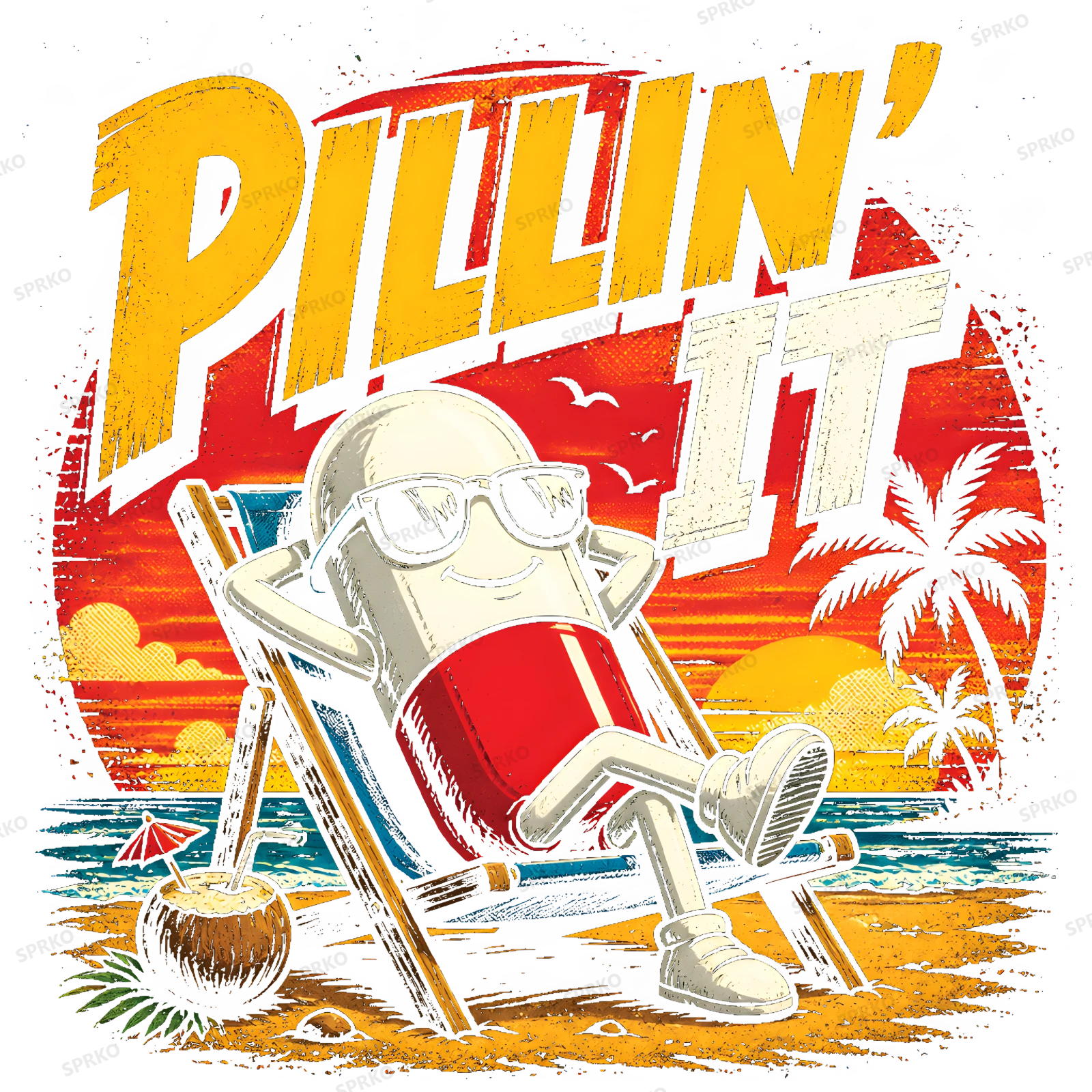 Pillin' It Beach Sunset Chill Pill design preview wrapped on a mug
