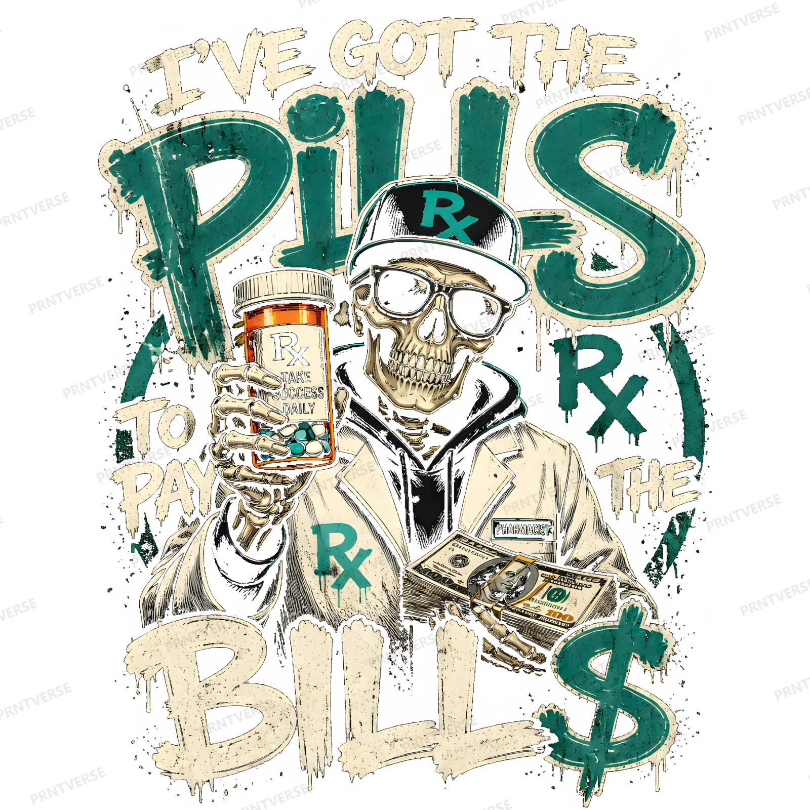 Pills To Pay The Bills Skeleton Pharmacist design preview wrapped on a mug