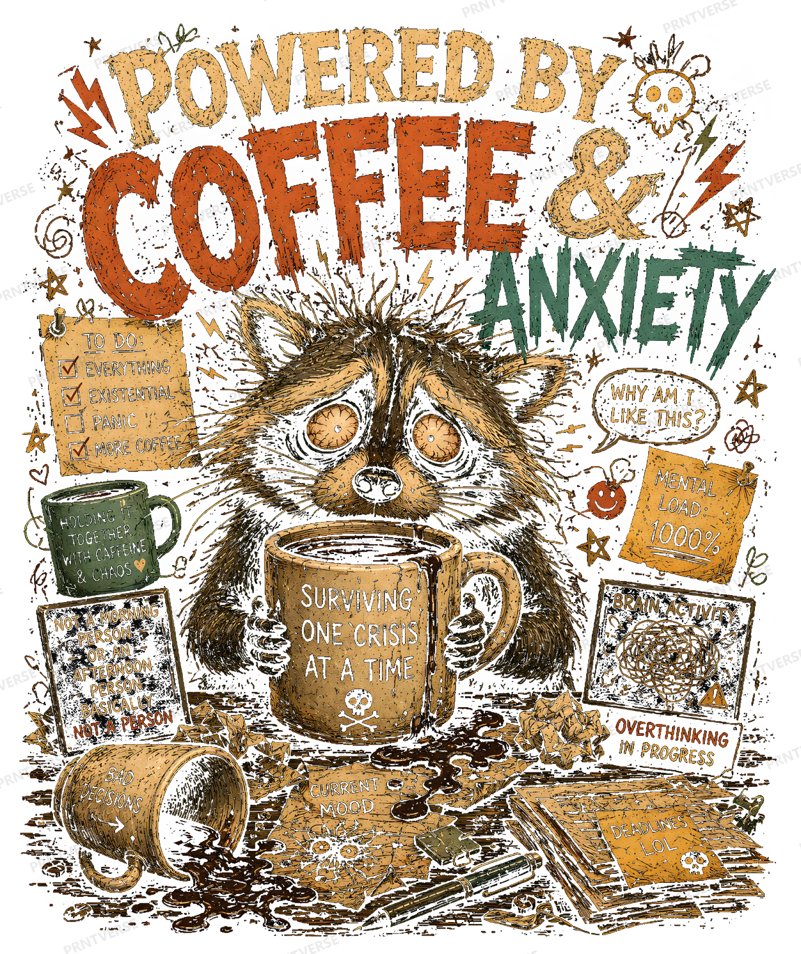 Powered by Coffee and Anxiety Distressed Raccoon Design design preview on a t-shirt mockup