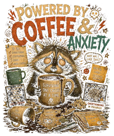 Powered by Coffee and Anxiety Distressed Raccoon Design