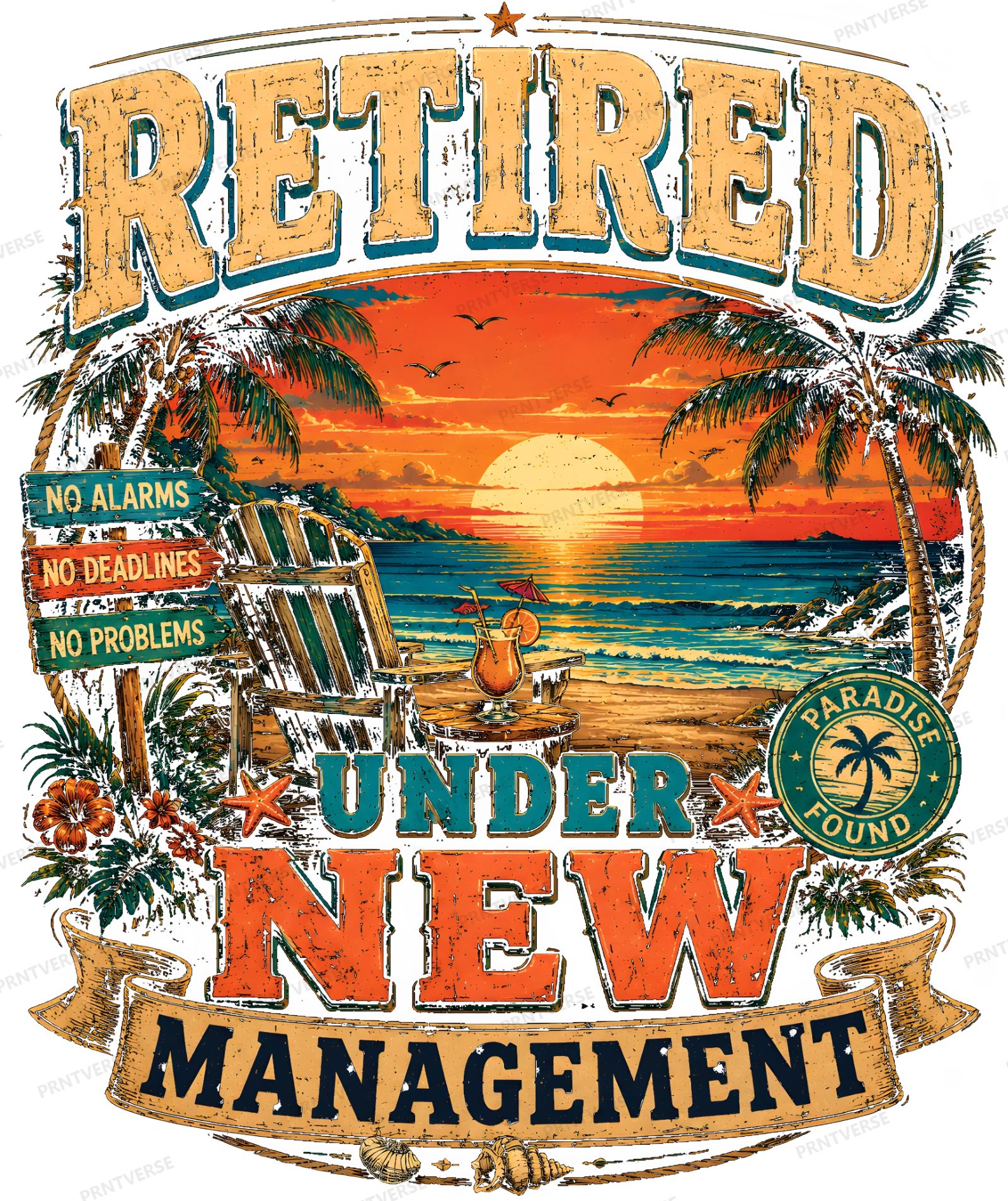 Retired Under New Management Beach Sunset design preview wrapped on a mug
