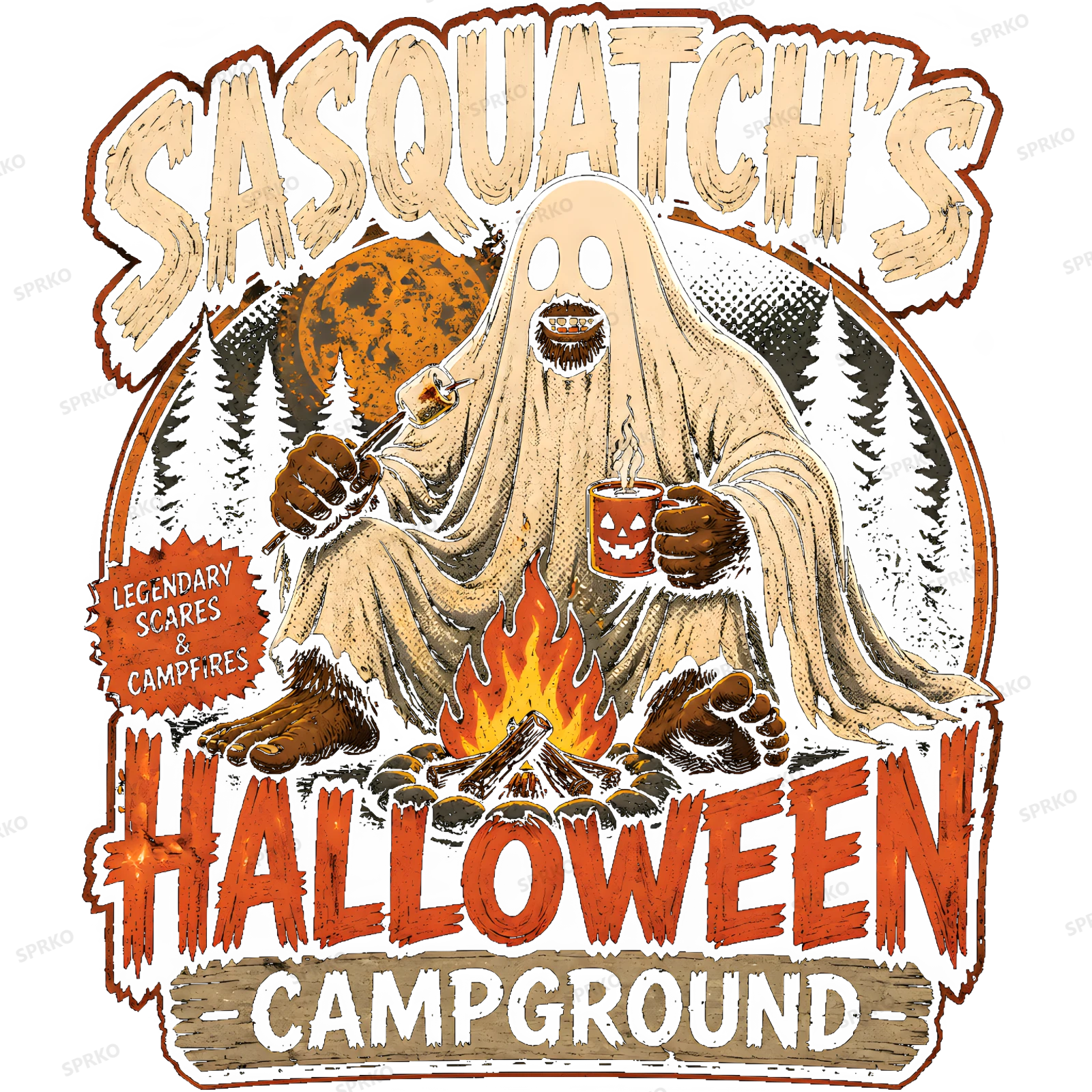 Sasquatch's Halloween Campground Funny Spooky Design design preview wrapped on a mug