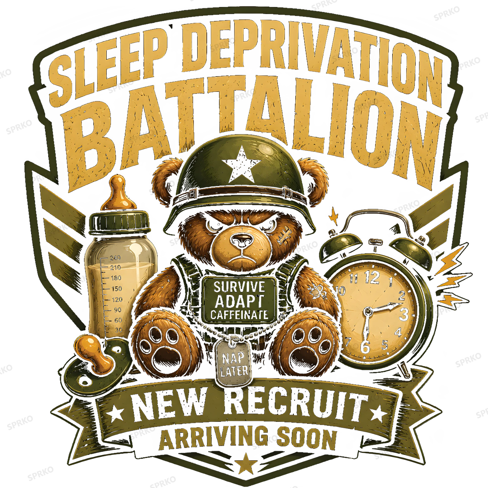Sleep Deprivation Battalion New Recruit Arriving Soon design preview wrapped on a mug