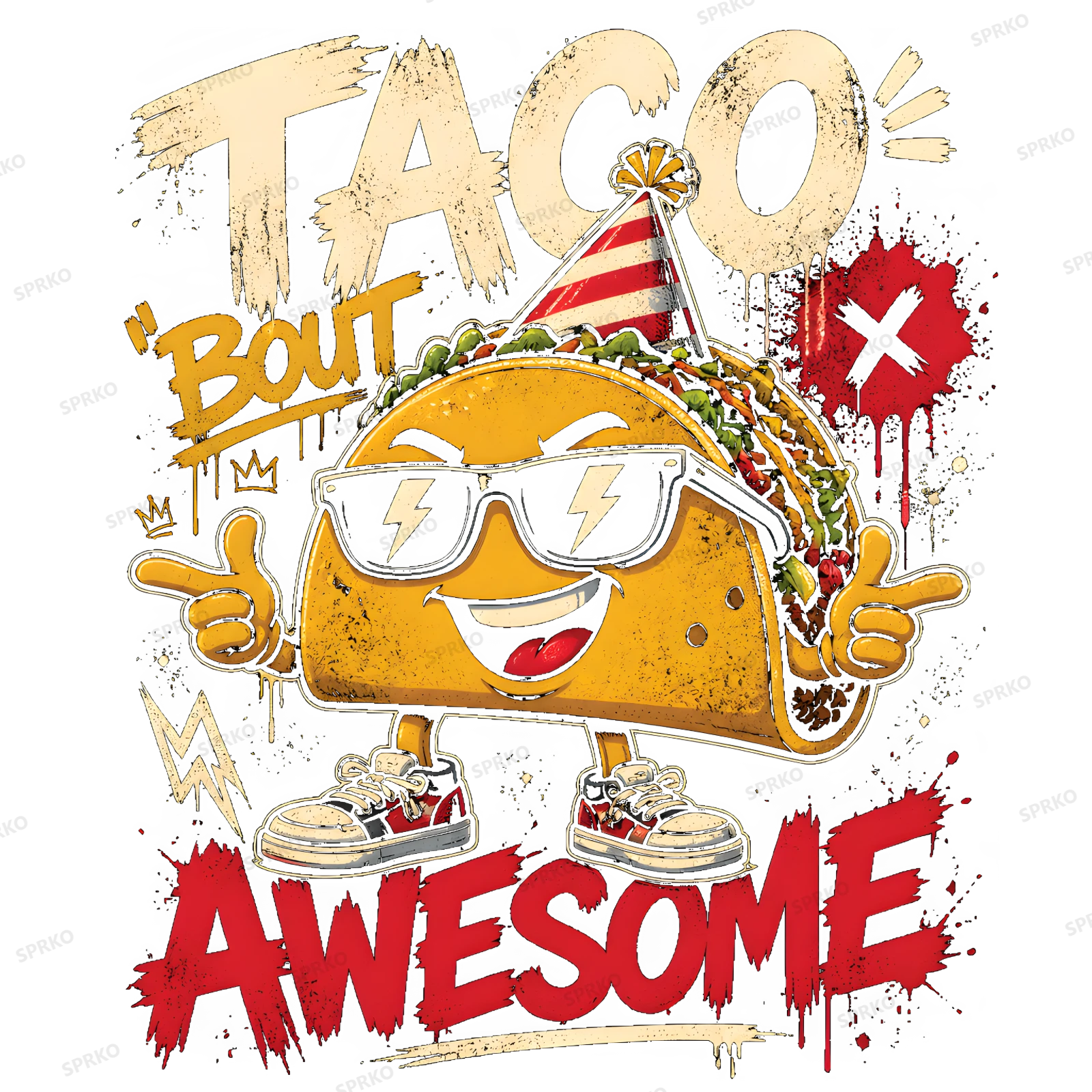 Taco 'Bout Awesome with Party Hat Cartoon design preview wrapped on a mug