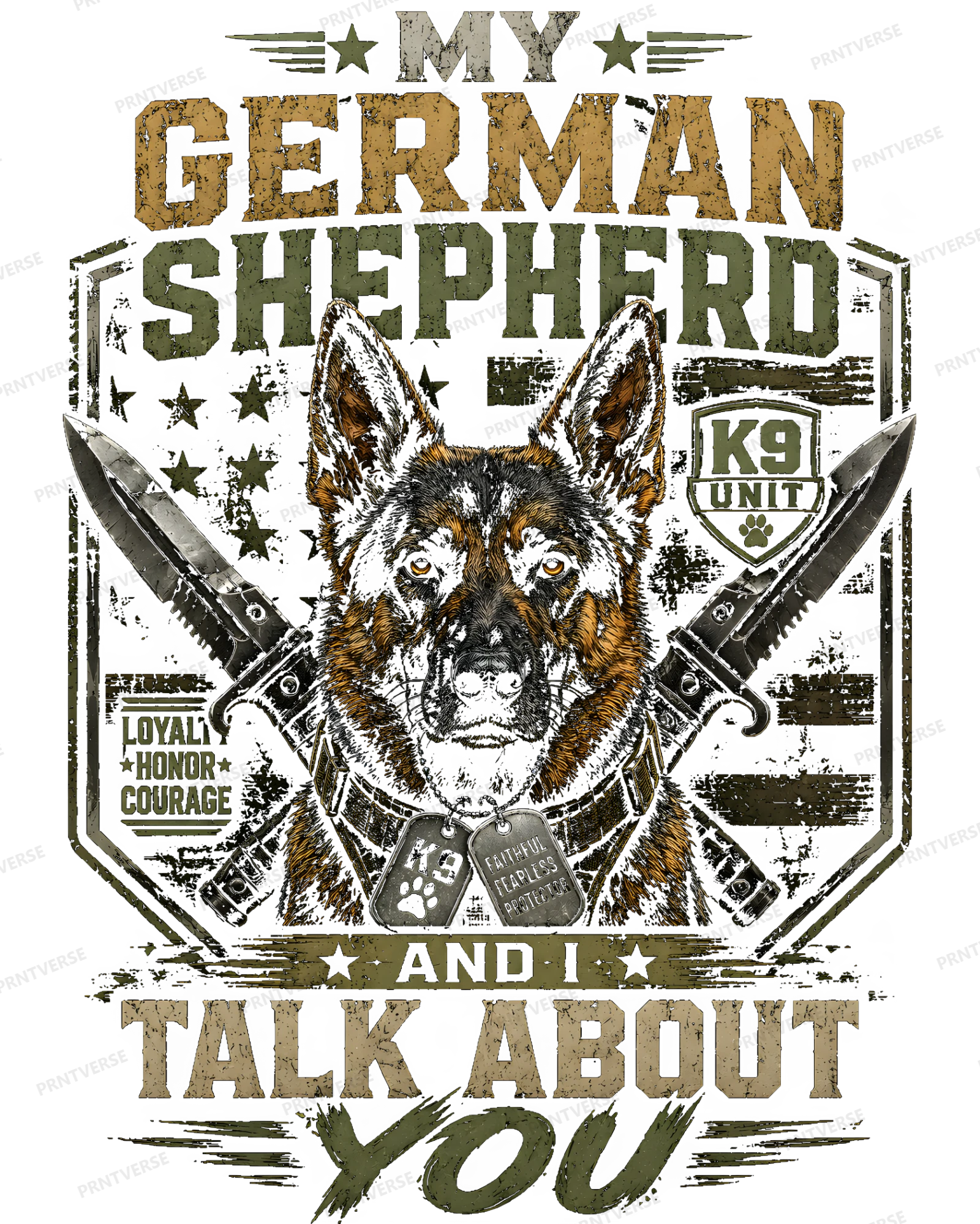 My German Shepherd And I Talk About You K9 Unit Protective Design design preview wrapped on a mug