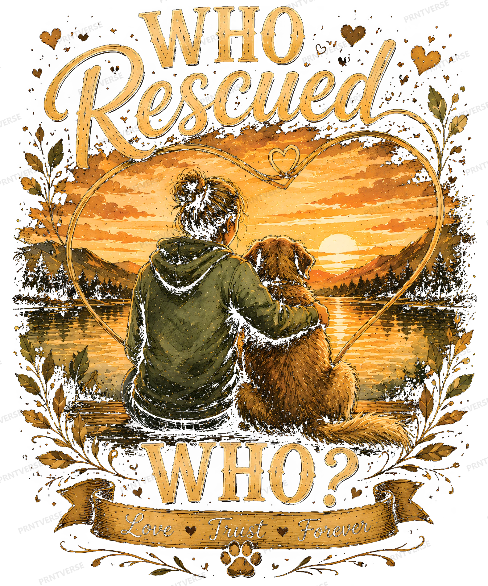 Who Rescued Who Vintage Sunset Dog Rescue design preview wrapped on a mug