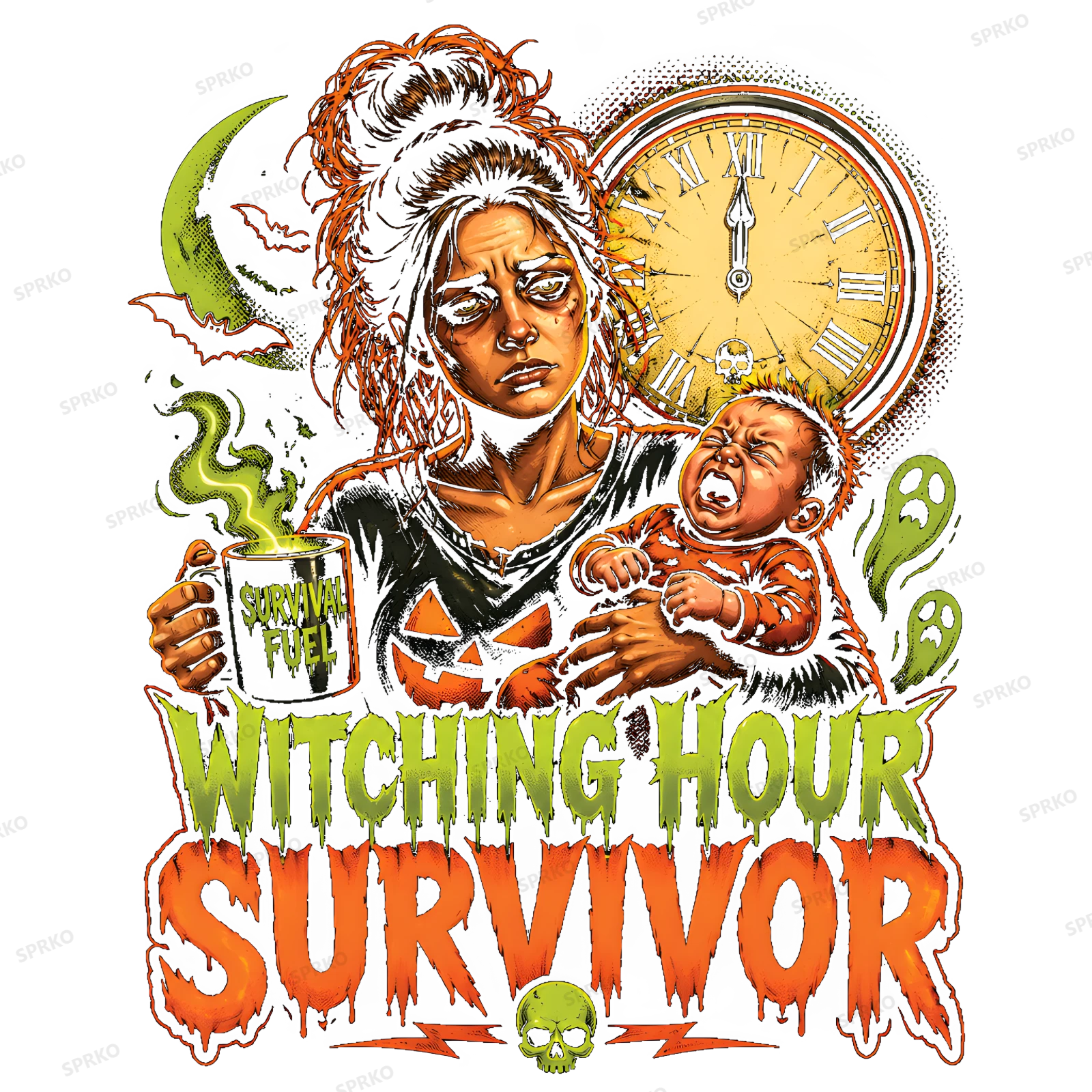 Witching Hour Survivor New Mom Halloween design preview wrapped on a mug